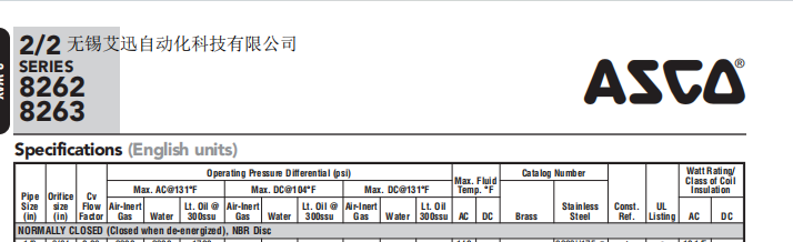 ASCO低溫管道式電磁閥8262H208LT 